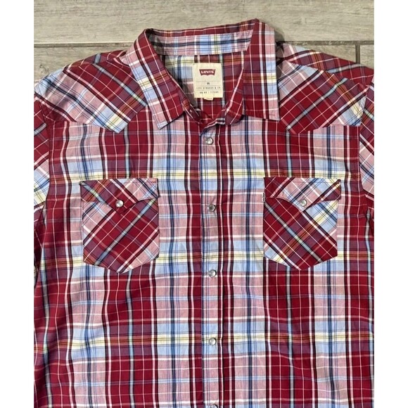 Levis Western Shirt Mens 2XL Pearl Snap Short Sleeve Standard Fit Black Plaid - Picture 2 of 4